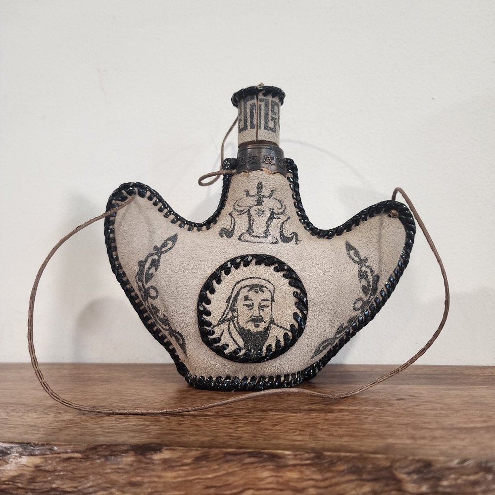 Artisan Vintage Mongolian Style Decanter Glass Covered in Suede Leather